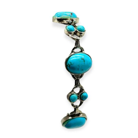 Bohemian Silver Bracelet Turquoise Blue Round Shape Semi Precious Stone Howlite - Picture 2 of 14